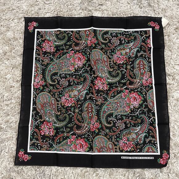 Vintage Wamcraft Bandana RN 14193 Black Pink Paisley Cottagecore Coquette 22x22 - Picture 11 of 16